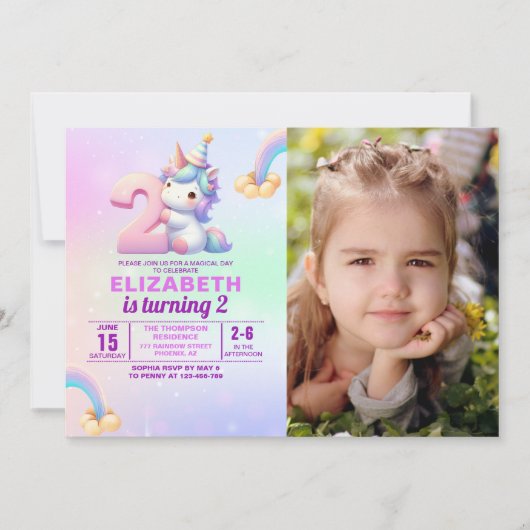 Personalized Unicorn 2nd Birthday Photo Invitation 招待状 (正面)
