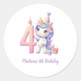 Personalized Unicorn 4th Fourth Girls Birthday ラウンドシール