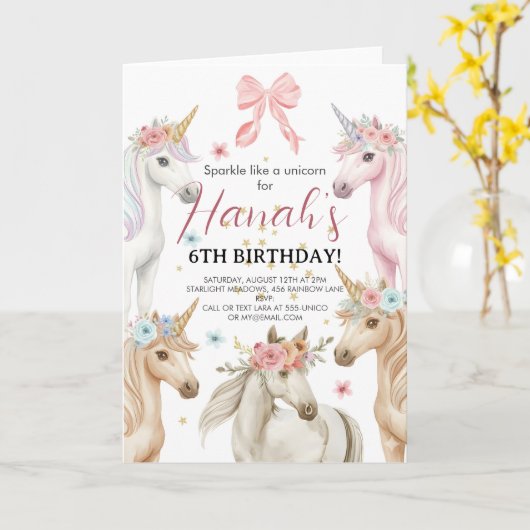 Personalized Unicorn Birthday Invitation Custom  カード (黄色い花)