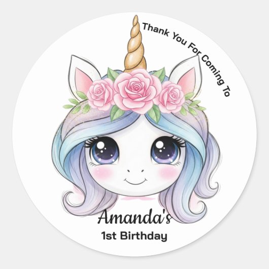 Personalized Unicorn Birthday Party Favor Sticker ラウンドシール (正面)