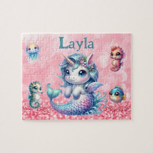 Personalized Unicorn Mermaid Child Name Puzzle  ジグソーパズル (横)
