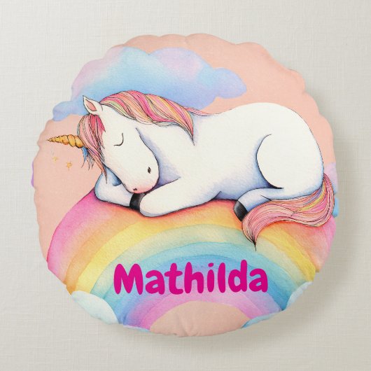 Personalized Unicorn Pillow, Watercolors, ラウンドクッション (正面)