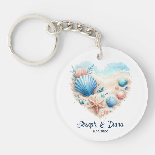 Personalized Valentine Anniversary Seashell Heart キーホルダー (正面)