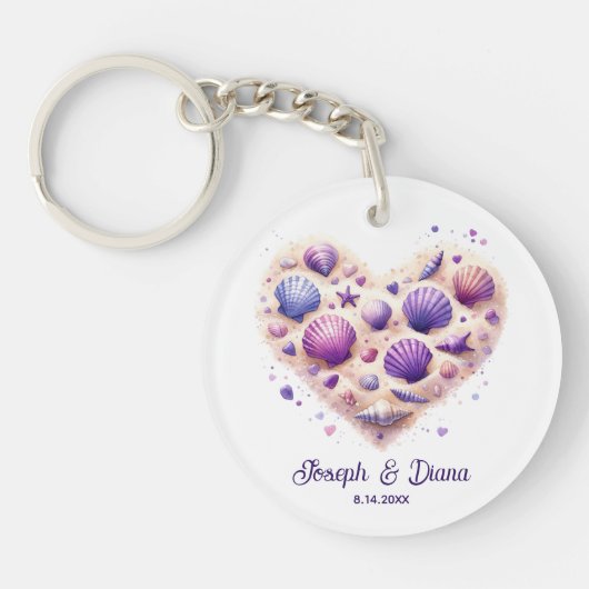Personalized Valentine Anniversary Seashell Heart キーホルダー (正面)