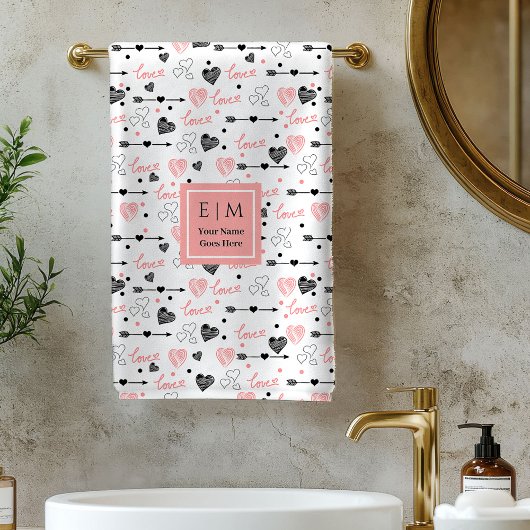 Personalized Valentine Bath Towel Pink Black Heart バスタオルセット
