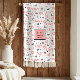 Personalized Valentine Blanket Pink Black Hearts  フリースブランケット