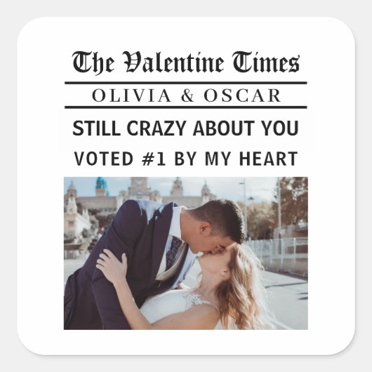 Personalized Valentine Newspaper Photo  スクエアシール (正面)