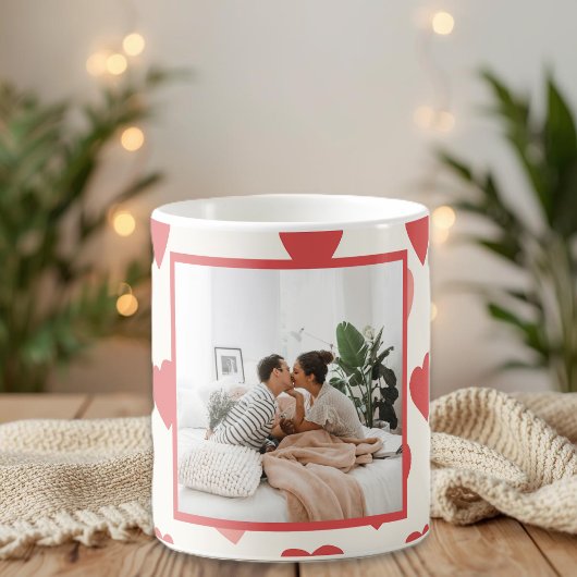 Personalized Valentine Photo Mug with Red Hearts コーヒーマグカップ