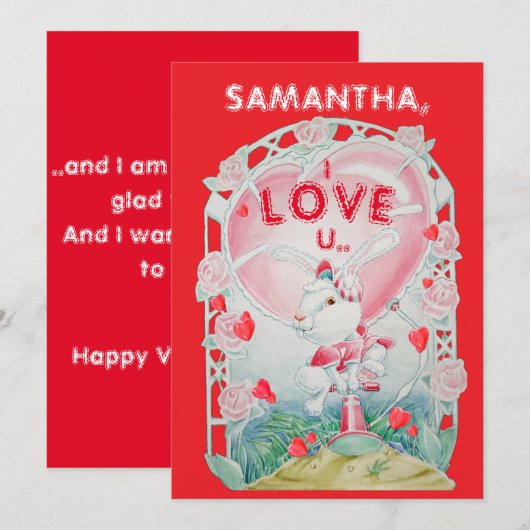 Personalized Valentine's Day Bunny Love Card シーズンカード (正面/裏面)