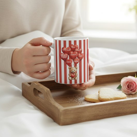 personalized valentines red striped bear  コーヒーマグカップ