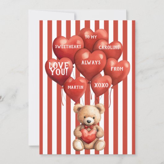 personalized valentines red striped bear  シーズンカード (正面)