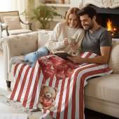 personalized valentines red striped bear  フリースブランケット