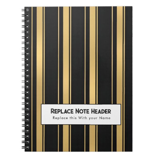 Personalized Vertical Stripe Black Gold ノートブック (正面)