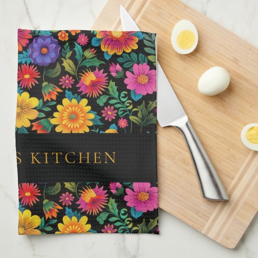 Personalized Vibrant Floral Pattern Dark キッチンタオル (四つ折り)