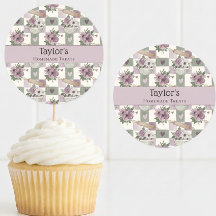Personalized  Vintage Floral Check Cupcake Topper 