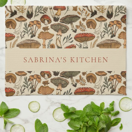 Personalized Vintage Forest Mushroom Pattern  キッチンタオル (折り畳み)