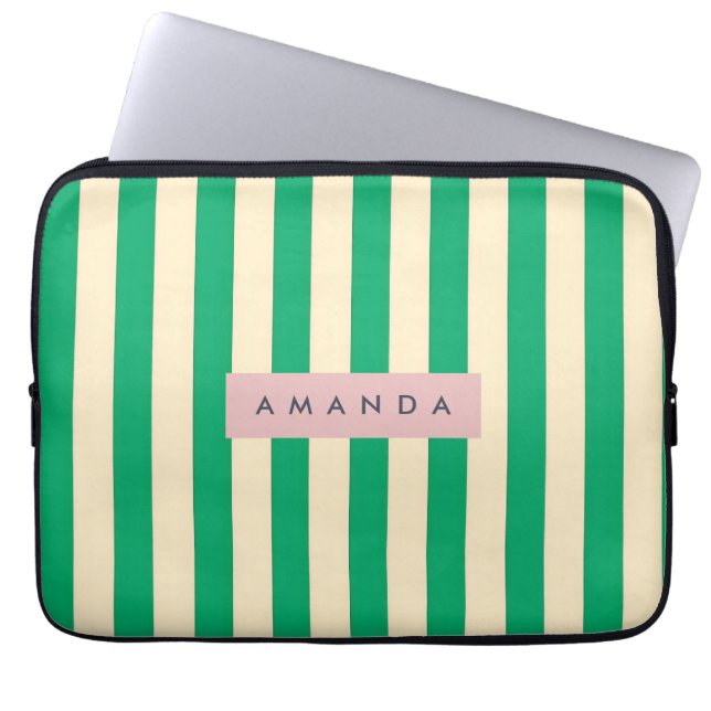 Personalized Vintage Green and Cream Stripe ラップトップスリーブ (正面)