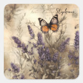 Personalized Vintage Lavender Butterfly Art スクエアシール (正面)