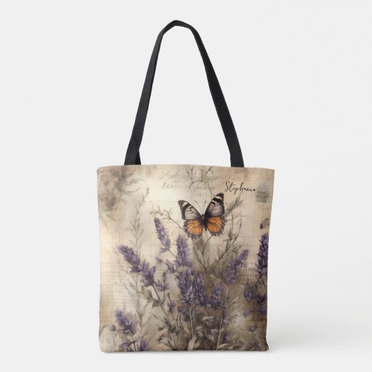 Personalized Vintage Lavender Butterfly Art トートバッグ (裏面)