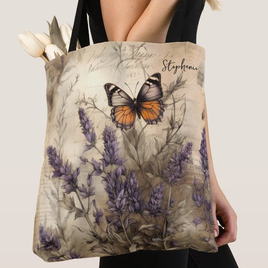 Personalized Vintage Lavender Butterfly Art トートバッグ