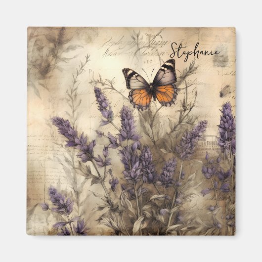 Personalized Vintage Lavender Butterfly Art マグネット (正面)