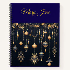 Personalized Vintage Navy Blue and Gold Christmas  ノートブック