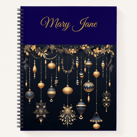 Personalized Vintage Navy Blue and Gold Christmas  ノートブック (正面)