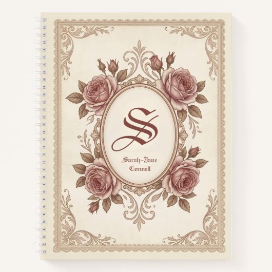 Personalized Vintage Rose Monogram Notebook ノートブック (正面)