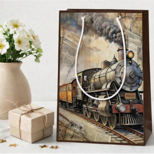 Personalized Vintage Steam Train | Train Gift ミディアムペーパーバッグ