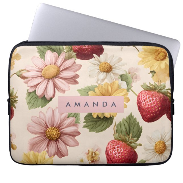 Personalized Vintage Strawberry & Flower Pattern ラップトップスリーブ (正面)