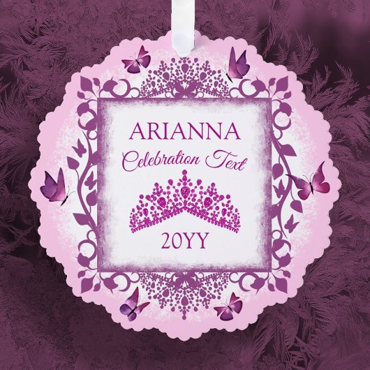 Personalized Violet Tiara & Butterflies Keepsake オーナメントカード