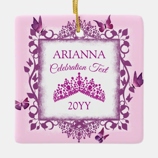 Personalized Violet Tiara & Butterflies Keepsake セラミックオーナメント (正面)