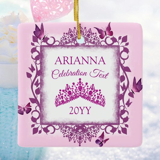 Personalized Violet Tiara & Butterflies Keepsake セラミックオーナメント