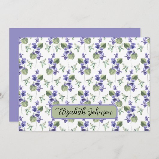 Personalized Violets Floral Botanical Note Card ノートカード (正面/裏面)