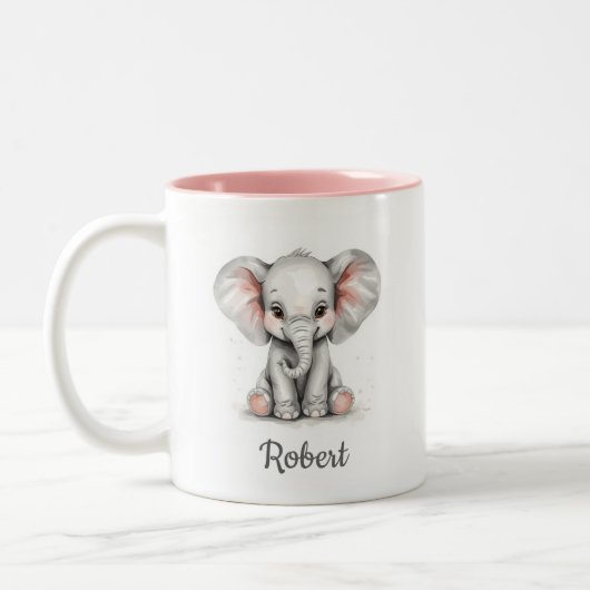 Personalized Watercolor Baby Elephant Mug. ツートーンマグカップ (左)