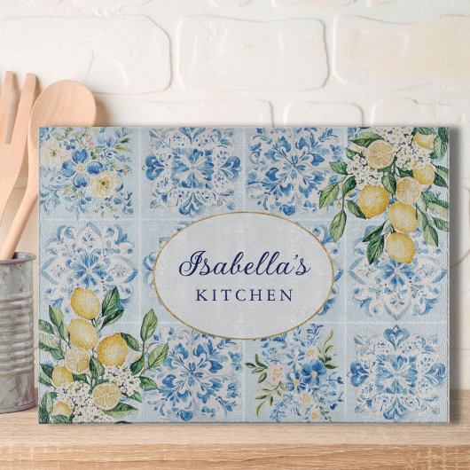 Personalized Watercolor Blue Italian Tile Lemon カッティングボード
