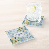 Personalized Watercolor Blue Italian Tile Lemon ガラスコースター (アングル)