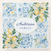 Personalized Watercolor Blue Italian Tile Lemon ガラスコースター (正面)