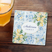 Personalized Watercolor Blue Italian Tile Lemon ガラスコースター