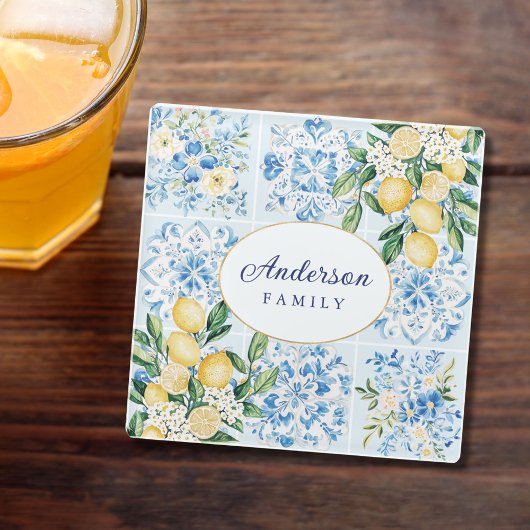 Personalized Watercolor Blue Italian Tile Lemon ガラスコースター