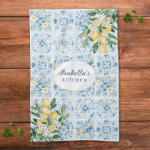 Personalized Watercolor Blue Italian Tile Lemon  キッチンタオル
