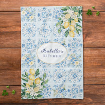 Personalized Watercolor Blue Italian Tile Lemon 