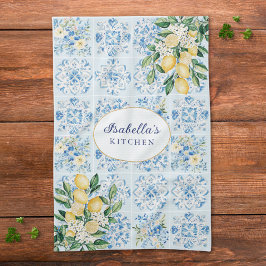 Personalized Watercolor Blue Italian Tile Lemon  キッチンタオル