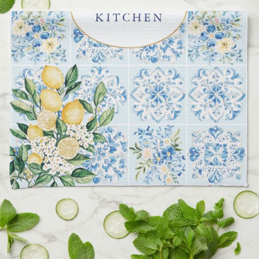 Personalized Watercolor Blue Italian Tile Lemon  キッチンタオル (折り畳み)