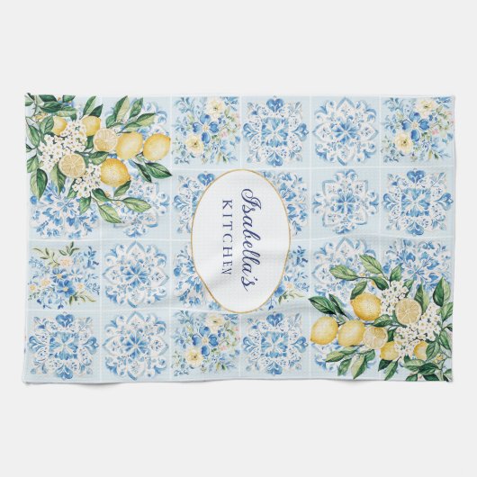 Personalized Watercolor Blue Italian Tile Lemon  キッチンタオル (横)