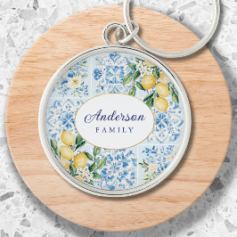 Personalized Watercolor Blue Italian Tile Lemon キーホルダー