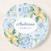 Personalized Watercolor Blue Italian Tile Lemon コースター (正面)