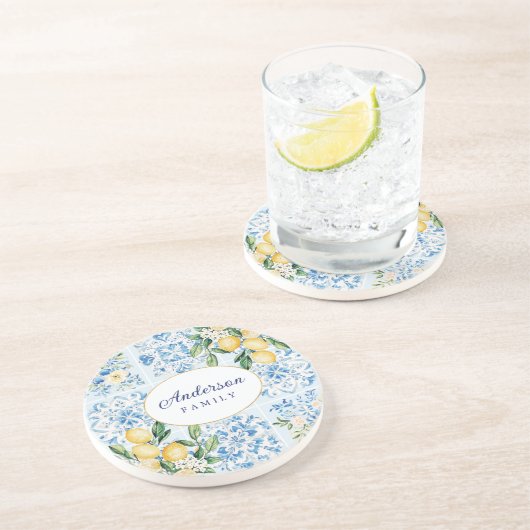 Personalized Watercolor Blue Italian Tile Lemon コースター (側面)