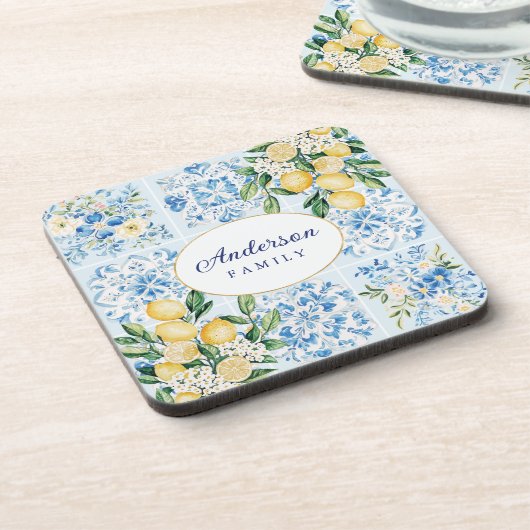 Personalized Watercolor Blue Italian Tile Lemon コースター (左側)