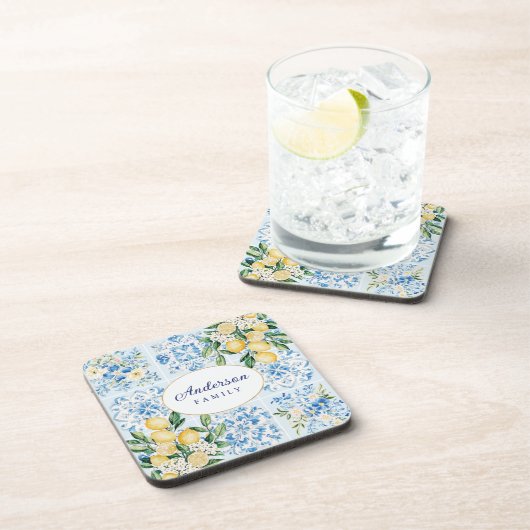 Personalized Watercolor Blue Italian Tile Lemon コースター (右側)